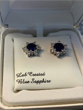 ♥️BRAND NEW♥️Boxed Sterling Silver Lab-Created Blue&White Sapphire Stud Earrings